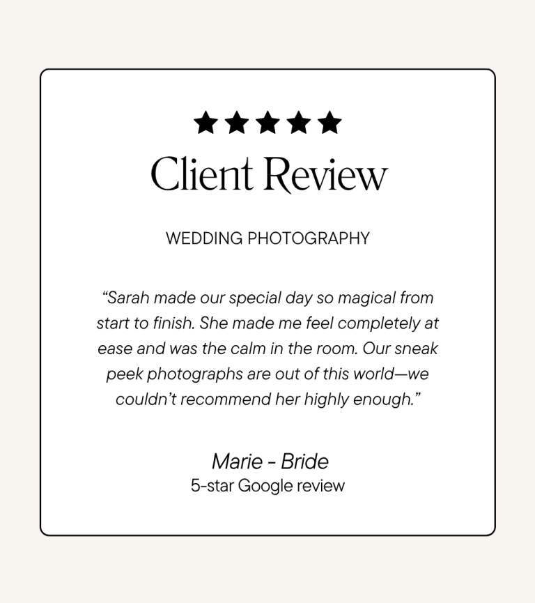 Five-star wedding photography review from Marie praising Sarah’s calming approach and beautiful photographs